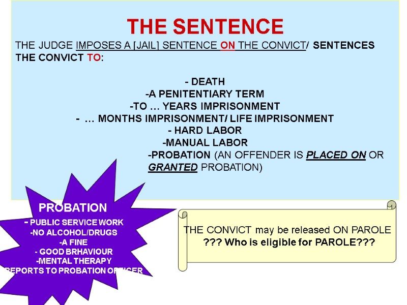 THE SENTENCE THE JUDGE IMPOSES A [JAIL] SENTENCE ON THE CONVICT/ SENTENCES THE CONVICT